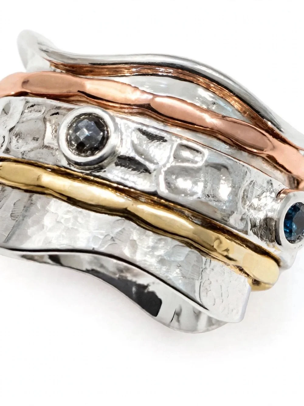 Sterling Silver 925 Copper Brass Spinner Ring Hammered Gemstone Boho 10.8g Heavy